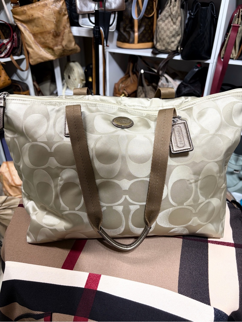 Coach Signature Weekender Canvas Tote Bag in Cream with Tan Straps